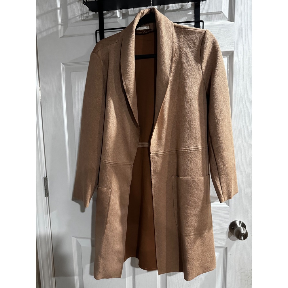 Olivia Grey Womens Camel Tan Open Front Duster Coat Shawl Collar FJ2215DL Size M